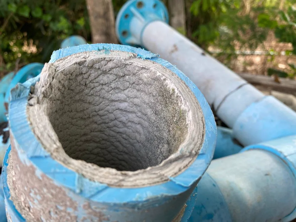 The end of a drain pipe choked with hardened build-up causing a blocked drain