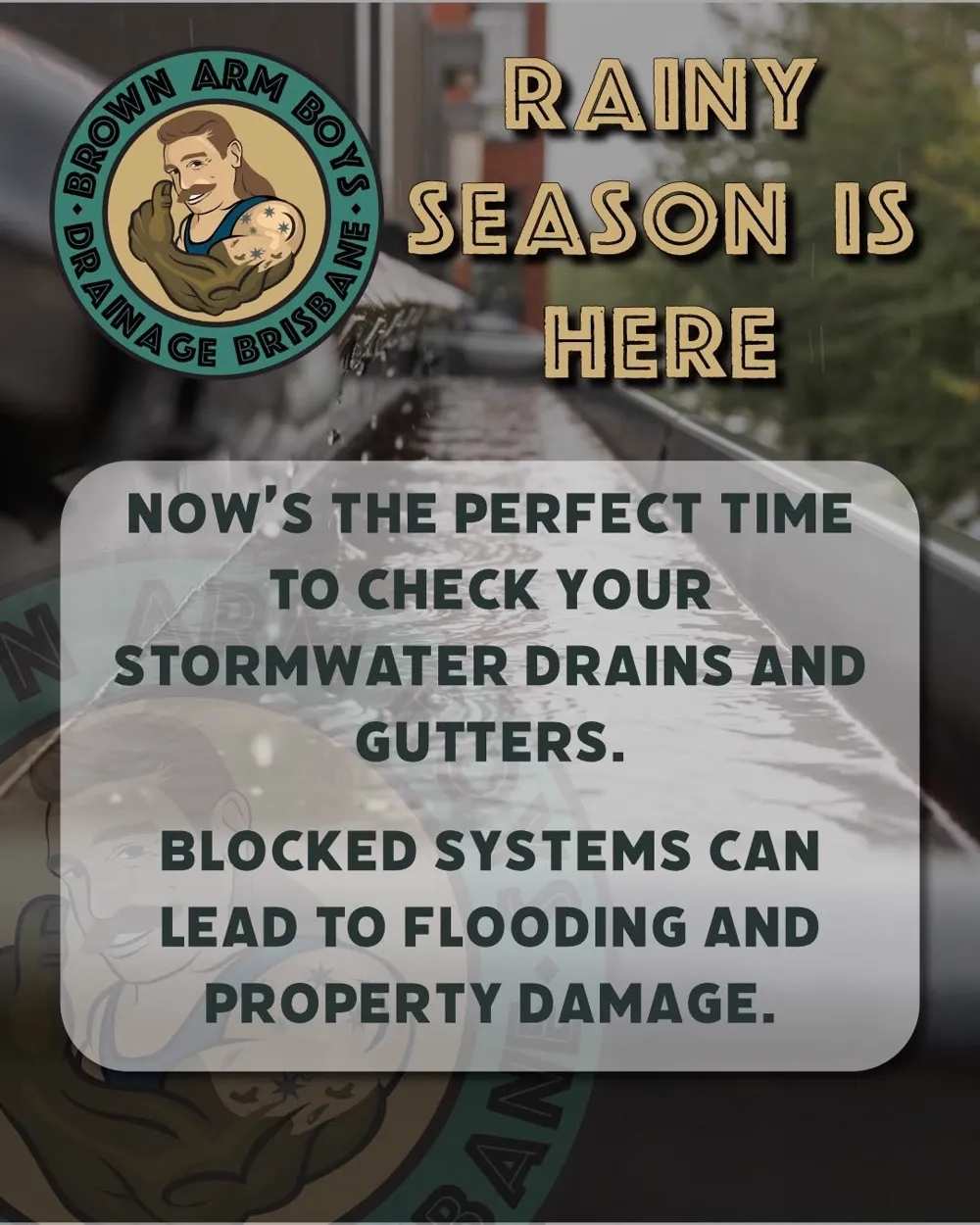 Rain filling a gutter with a reminder to check stormwater drains before Brisbane storm season