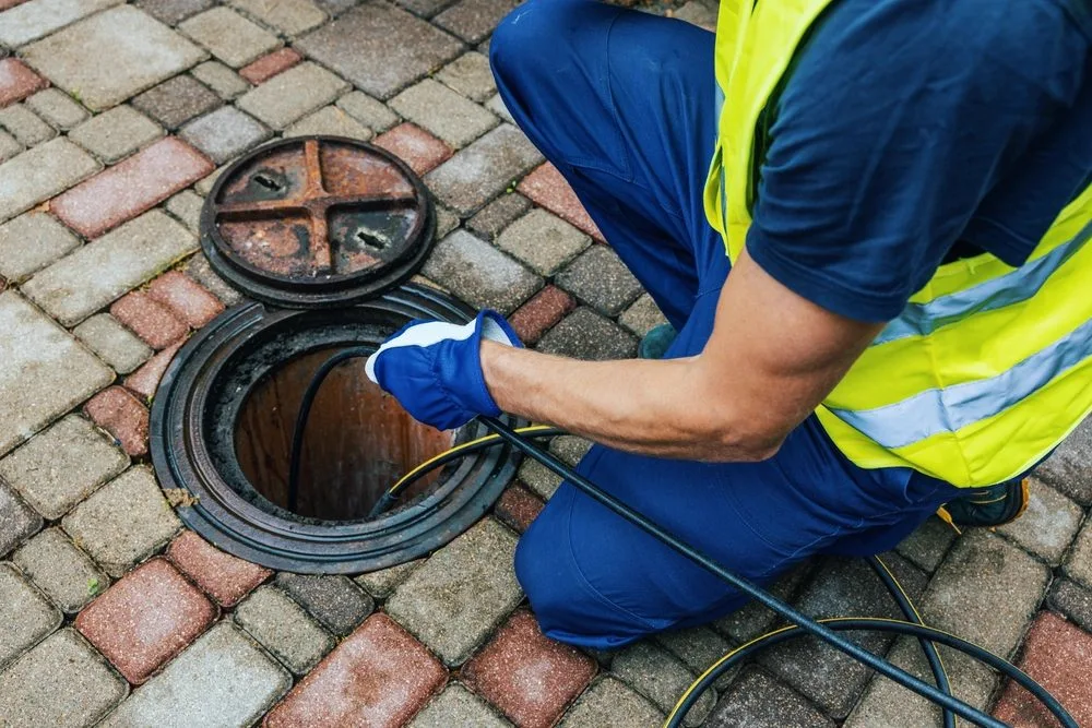 Drainer feeding a CCTV camera into a paved drain access chamber