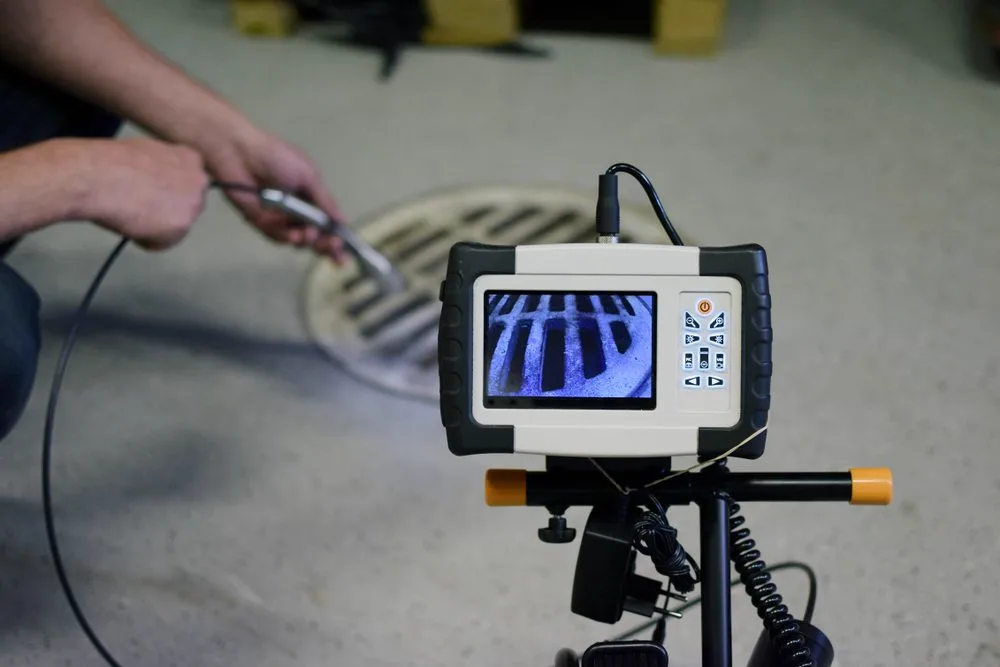 CCTV drain camera monitor showing the inside of an underground pipe