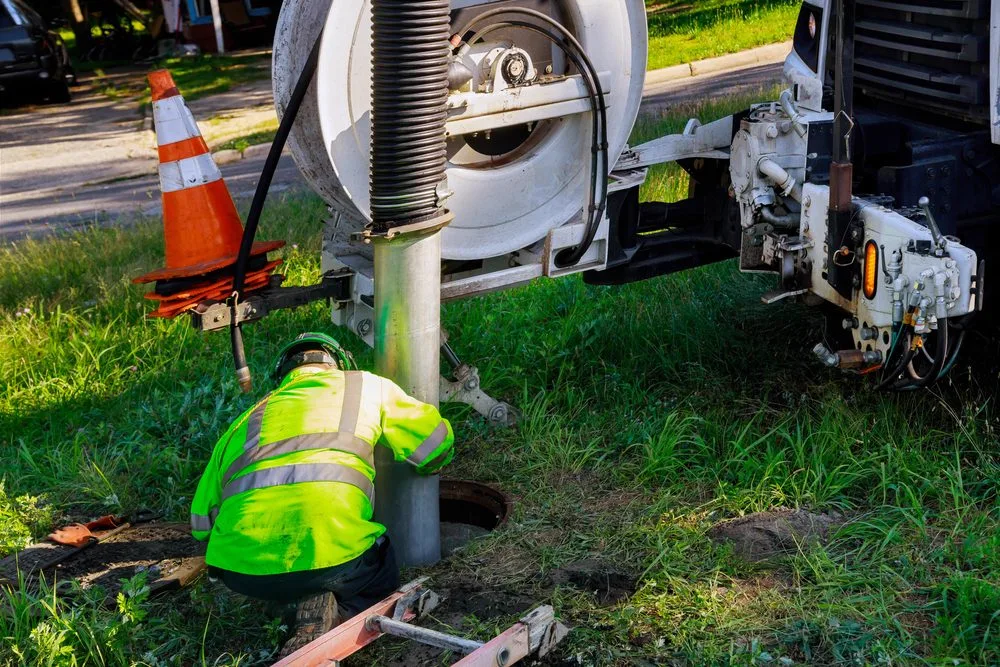 Hi-vis drainage operator working the suction hose off a drain cleaning truck