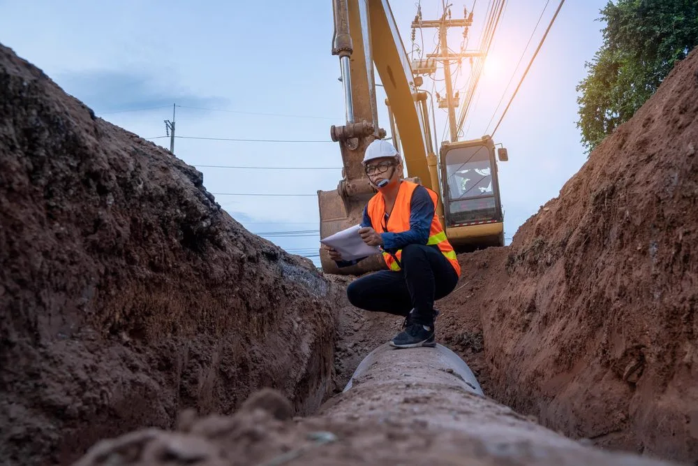 Worker down in a deep open excavation replacing an old drain line