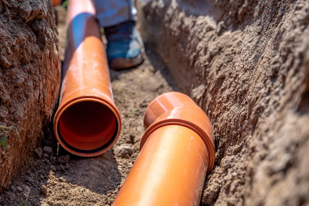 New drain pipes laid in an open trench during a drain renewal