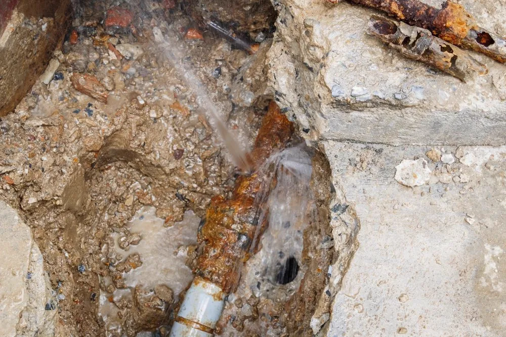 An old collapsed drain pipe exposed in the ground during excavation