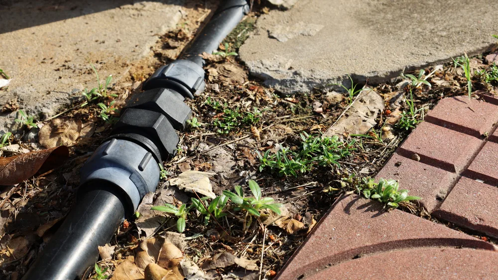 Stormwater pipe running under paving at the edge of a suburban driveway