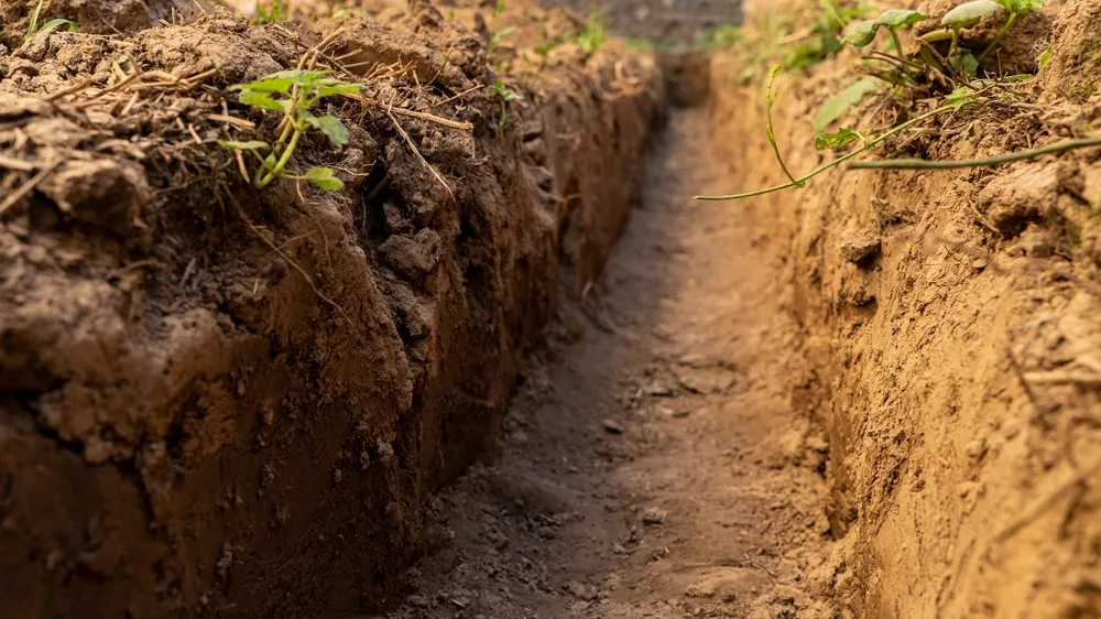 Narrow trench dug through soil ready for a drain renewal in a Brisbane suburb