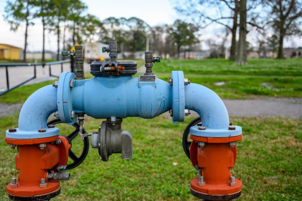 Above-ground stormwater and backflow pipework assembly on a grassed site