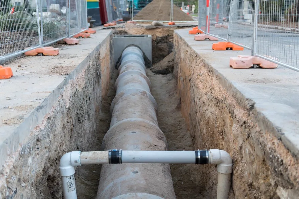 Long drainage trench with new pipework running along a suburban street